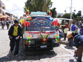 Cars waited to be blessed outside the Church, Copacabana, Bolivia